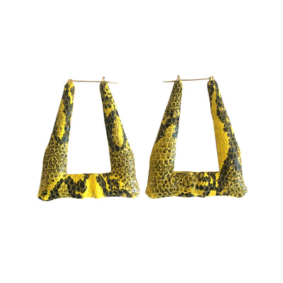 SNAKE PRINT ON LAMB TRIANGLE BAMBOO EARRINGS - BLACK AND YELLOW - Seville Michelle