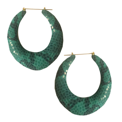 SAND SHELL PYTHON PATTERN ON LAMB LEATHER BAMBOO HOOPS - SEA FOAM - Seville Michelle