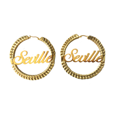 SAY MY NAME CUSTOM NAME HOOPS  W/ LEATHER WOVEN TRIM - VARIOUS SIZES + COLORS - Seville Michelle